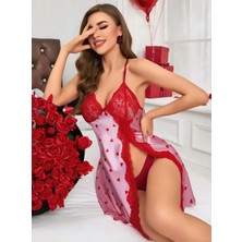 R Ruselin Kadın Kırmızı Kalp Desenli Saten Gecelik 2220