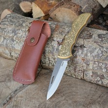 Köse Mehmet Katlanır Model - N690 Çelik - Paslanmaz Pirinç Gravür Işlemeli Sap - 19 Cm