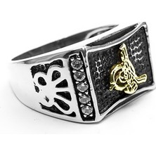 Besen Gümüş Tuğra Motifli Zirkon Taşlı Erkek Yüzük