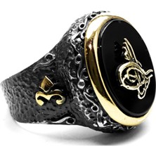 Besen Gümüş Oniks Taşlı Osmanlı Tuğralı Otantik Erkek Yüzük