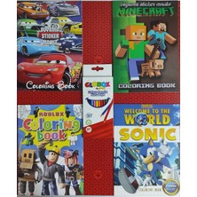 Ada Çanta Kırtasiye 4 Adet Stickerli Boyama Kitabı ve 12 Li Kuru Boya Kalemi (M,necraftb/sonic/arabalar/robloxa) AD15983