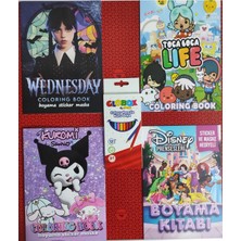 Ada Çanta Kırtasiye 4 Adet Stickerli Boyama Kitabı ve 12 Li Kuru Boya Kalemi (Wednesday/kuromiz/tocabocaa/prensesler)
