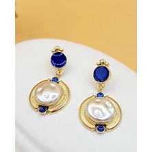 Nevoka Lacivert Mine Detaylı Inci Gold Küpe