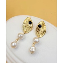 Nevoka Siyah Taşlı Incili Yaprak Sallantılı Küpe