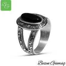 Besen Gümüş Oltu Taşı Oval Erzurum El Kalem İşi Erkek Yüzük
