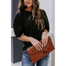 Mossta Balon Kol Pileli Bürümcük Bluz Siyah