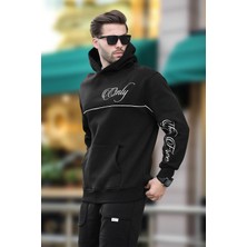 Madmext Siyah Kapüşonlu Şerit Detaylı Baskılı Erkek Sweatshirt 7091