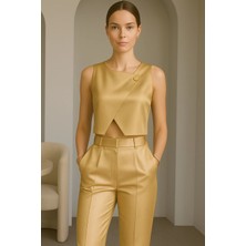 Nsm Asimetrik Saten Büstiyer Gold Düğmeli Crop Model Sade Şık Büsiyer