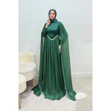 Tesettür Diyarı Nual Pelerinli Taş Işlemeli Tesettür Abiye- Zümrüt