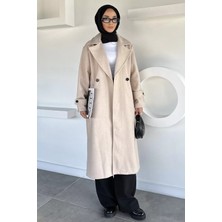 Julude Kruvaze Yaka Çift Cepli Tesettür Kaşe Kaban P-00019463