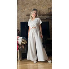 Cardella Kadın Önden Büzgülü Bluz Geniş Paça Yüksek Bel Keten Ikili Takım