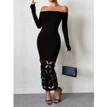 Bosel Kadın Madonna Yaka Uzun Kollu Lazer Çiçek Kesim Detaylı Uzun Ithal Krep Elbise