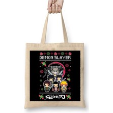 Toyaso Demon Slayer Iblis Keser Christmas Knit Yılbaşı Yeni Yıl Beyaz Bez Çanta Alışveriş Çantası