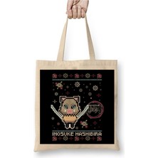 Toyaso Demon Slayer Inosuke Hashıbıra Christmas Knit Yılbaşı Beyaz Bez Çanta Uzun Saplı Alışveriş Çantası