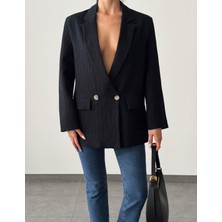Seda Fidan Boutique Pliseli Çift Düğme Oversize Ceket Siyah