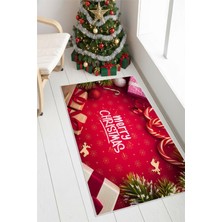 Pelura Halı Yılbaşı Temalı Merry Christmas Dijital Baskılı Yıkanabilir Kırmızı Halı