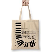 Toyaso Piyano Müzik Notaları Beyaz Bez Çanta Uzun Saplı Alışveriş Çantası Plaj Çantası
