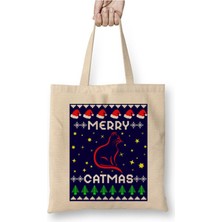 Toyaso Merry Catmas Yeni Yıl Christmas Knit Yılbaşı Beyaz Bez Çanta Uzun Saplı Alışveriş Çantası