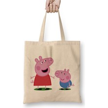 Toyaso Peppa Pig 01 Beyaz Bez Çanta Uzun Saplı Alışveriş Çantası Plaj Çantası