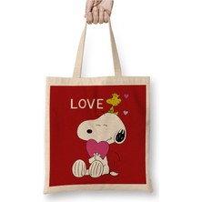 Toyaso Snoopy Peanuts I Love You 01 Beyaz Bez Çanta Uzun Saplı Alışveriş Çantası Plaj Çantası