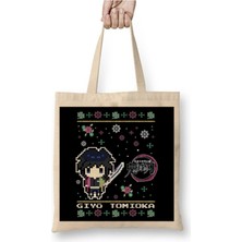 Toyaso Demon Slayer Giyu Tomioka Christmas Knit Yılbaşı Beyaz Bez Çanta Uzun Saplı Alışveriş Çantası