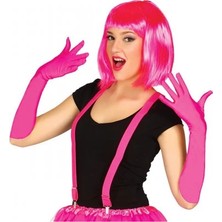 Mercansa Fuşya Renk Saten Uzun Eldiven ve Küt Parti Peruğu