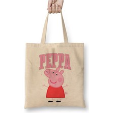 Toyaso Peppa Pig Beyaz Bez Çanta Uzun Saplı Alışveriş Çantası Plaj Çantası