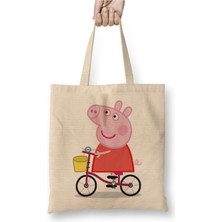 Toyaso Peppa Pig Bisikletli Beyaz Bez Çanta Uzun Saplı Alışveriş Çantası Plaj Çantası