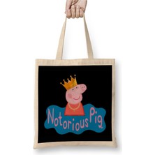 Toyaso Notorious Peppa Pig Black Beyaz Bez Çanta Uzun Saplı Alışveriş Çantası Plaj Çantası