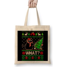 Toyaso Cat Kedi Kitten Christmas Knit Yılbaşı Beyaz Bez Çanta Uzun Saplı Alışveriş Çantası