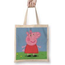 Toyaso Peppa Pig 06 Beyaz Bez Çanta Uzun Saplı Alışveriş Çantası Plaj Çantası