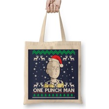 Toyaso One Punch Man Saitama Christmas Yılbaşı Beyaz Bez Çanta Uzun Saplı Alışveriş Çantası