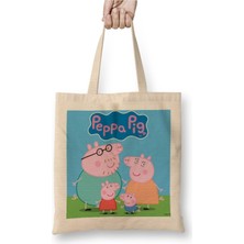 Toyaso Peppa Pig 07 Beyaz Bez Çanta Uzun Saplı Alışveriş Çantası Plaj Çantası