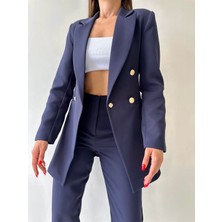 Seda Fidan Boutique Uzun Gold Düğmeli Blazer Ceket Lacivert