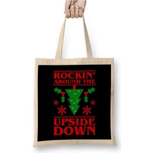Toyaso Rocking Around The Upside Down Stranger Things Beyaz Bez Çanta Uzun Saplı Alışveriş Çantası
