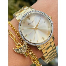 Ferrucci Gold Renk Çelik Zirkon Taşlı Kadın Kol Saati+Bileklik