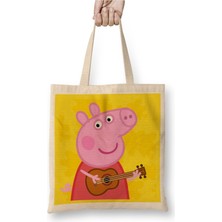 Toyaso Peppa Pig Guitar Beyaz Bez Çanta Uzun Saplı Alışveriş Çantası Plaj Çantası
