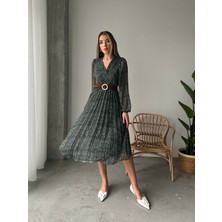 Seda Fidan Boutique Pileli Puantiyeli Şifon Elbise Yeşil