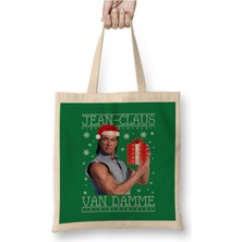 Toyaso Jean Claus Van Damme Christmas Knit Beyaz Bez Çanta Uzun Saplı Alışveriş Çantası