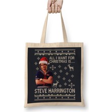 Toyaso Stranger Things Steve Harrington Christmas Wish Beyaz Bez Çanta Uzun Saplı Alışveriş Çantası