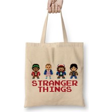 Toyaso Simplified Stranger Things Pixellated Kids Beyaz Bez Çanta Uzun Saplı Alışveriş Çantası Plaj Çantası