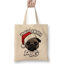 Toyaso Pug Köpek Christmas Yılbaşı Yeni Yıl Beyaz Bez Çanta Uzun Saplı Alışveriş Çantası