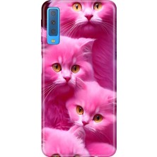 Samsung Galaxy A7 2018 Kılıf Desenli Baskılı Tpu Rubber Kapak Pembe Kediler