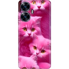 Realme C55 Kılıf Desenli Baskılı Tpu Rubber Kapak Pembe Kediler