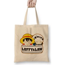 Toyaso One Piece Luffy ve Law Beyaz Bez Çanta Uzun Saplı Alışveriş Çantası Plaj Çantası
