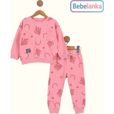 Vovido Kız Bebek %100 Pamuk Desenli Pembe Kışlık Eşofman Takımı 2'li