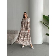 Seda Fidan Boutique Yakası Ipli Salaş Desenli Viskon Elbise Bej