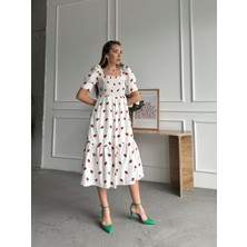 Seda Fidan Boutique Çilekli Balon Kol Poplin Elbise Ekru
