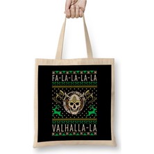 Toyaso Fa La La La Valhalla La Viking Knit Yılbaşı Beyaz Bez Çanta Uzun Saplı Alışveriş Çantası