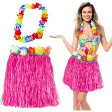 Mercansa Hawaii Luau Aloha Pembe Püsküllü 40 cm Etek ve Hawaii Kolye Seti